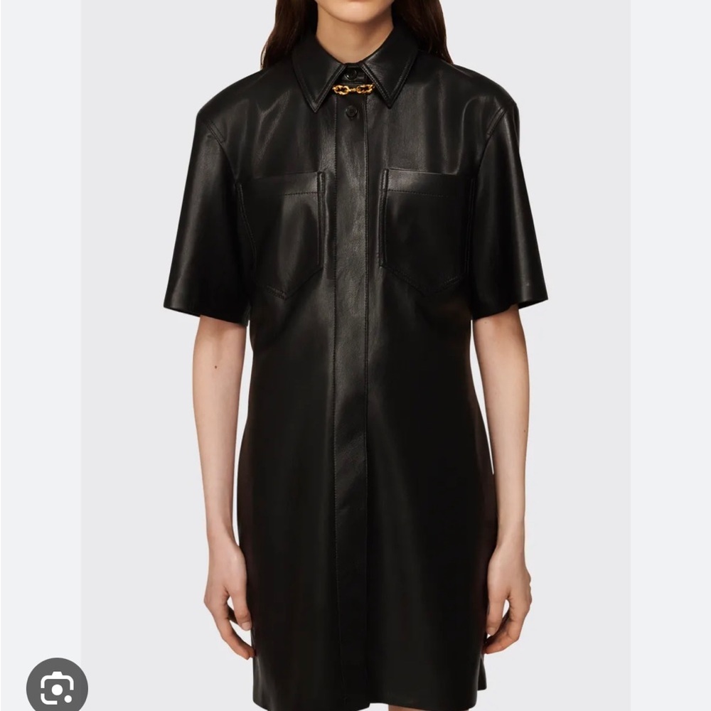 NANUSHKA “Berto” Vegan‎ Leather Collared Button-down Shirtdress in Black - Picture 2 of 15
